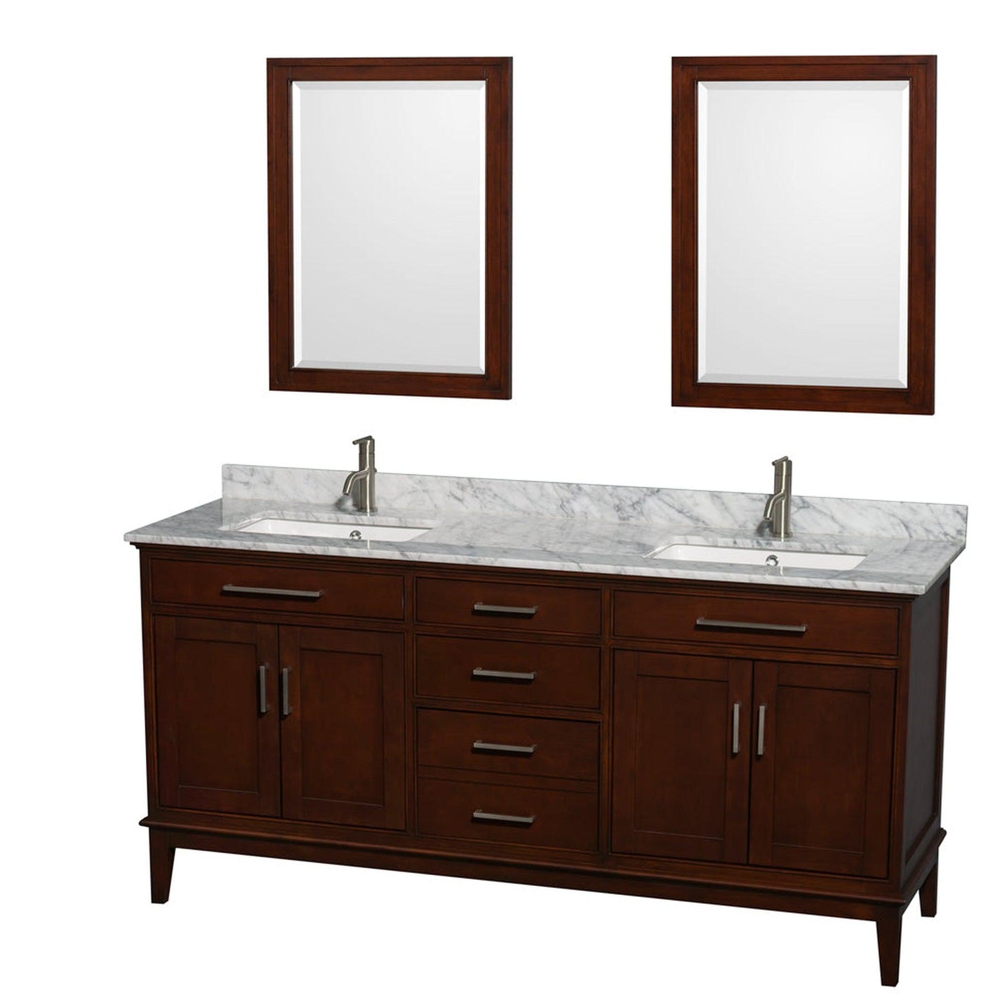 Wyndham Collection Hatton 72" Double Bathroom Vanity in Dark Chestnut, White Carrara Marble Countertop, Undermount Square Sinks, and 24" Mirror