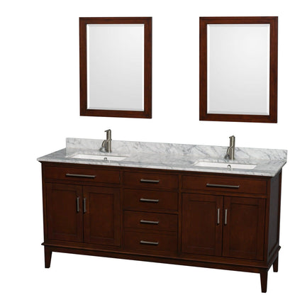 Wyndham Collection Hatton 72" Double Bathroom Vanity in Dark Chestnut, White Carrara Marble Countertop, Undermount Square Sinks, and 24" Mirror