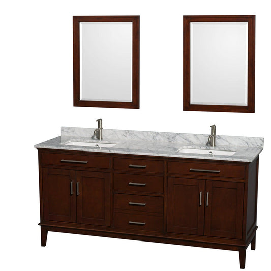 Wyndham Collection Hatton 72" Double Bathroom Vanity in Dark Chestnut, White Carrara Marble Countertop, Undermount Square Sinks, and 24" Mirror