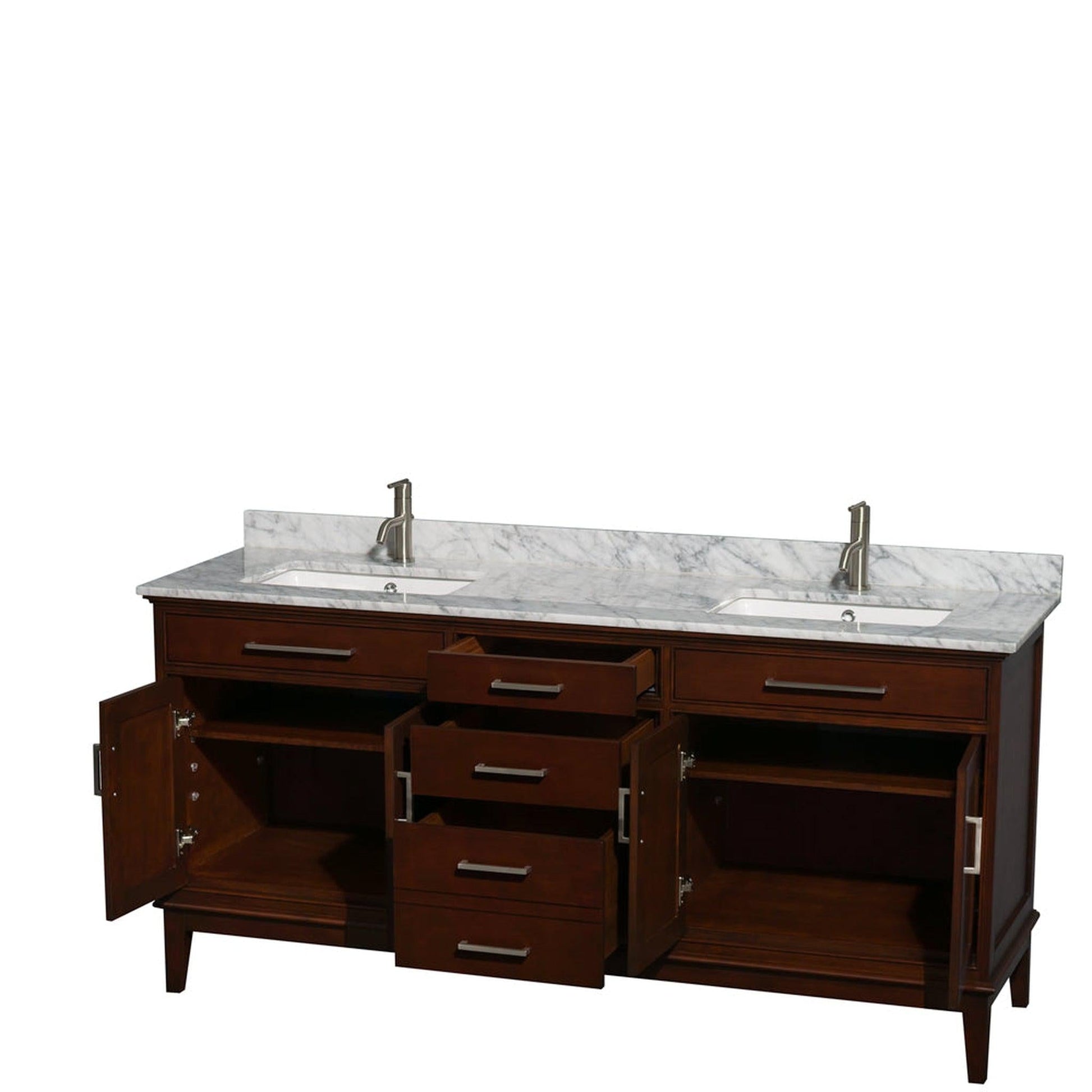 Wyndham Collection Hatton 72" Double Bathroom Vanity in Dark Chestnut, White Carrara Marble Countertop, Undermount Square Sinks, and No Mirror