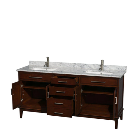 Wyndham Collection Hatton 72" Double Bathroom Vanity in Dark Chestnut, White Carrara Marble Countertop, Undermount Square Sinks, and No Mirror