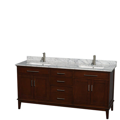 Wyndham Collection Hatton 72" Double Bathroom Vanity in Dark Chestnut, White Carrara Marble Countertop, Undermount Square Sinks, and No Mirror