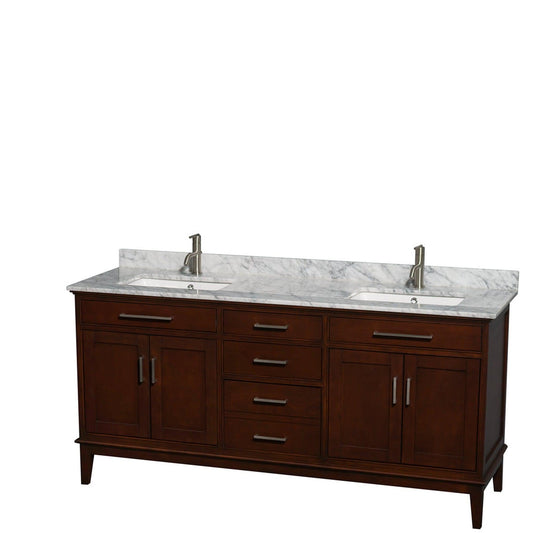 Wyndham Collection Hatton 72" Double Bathroom Vanity in Dark Chestnut, White Carrara Marble Countertop, Undermount Square Sinks, and No Mirror