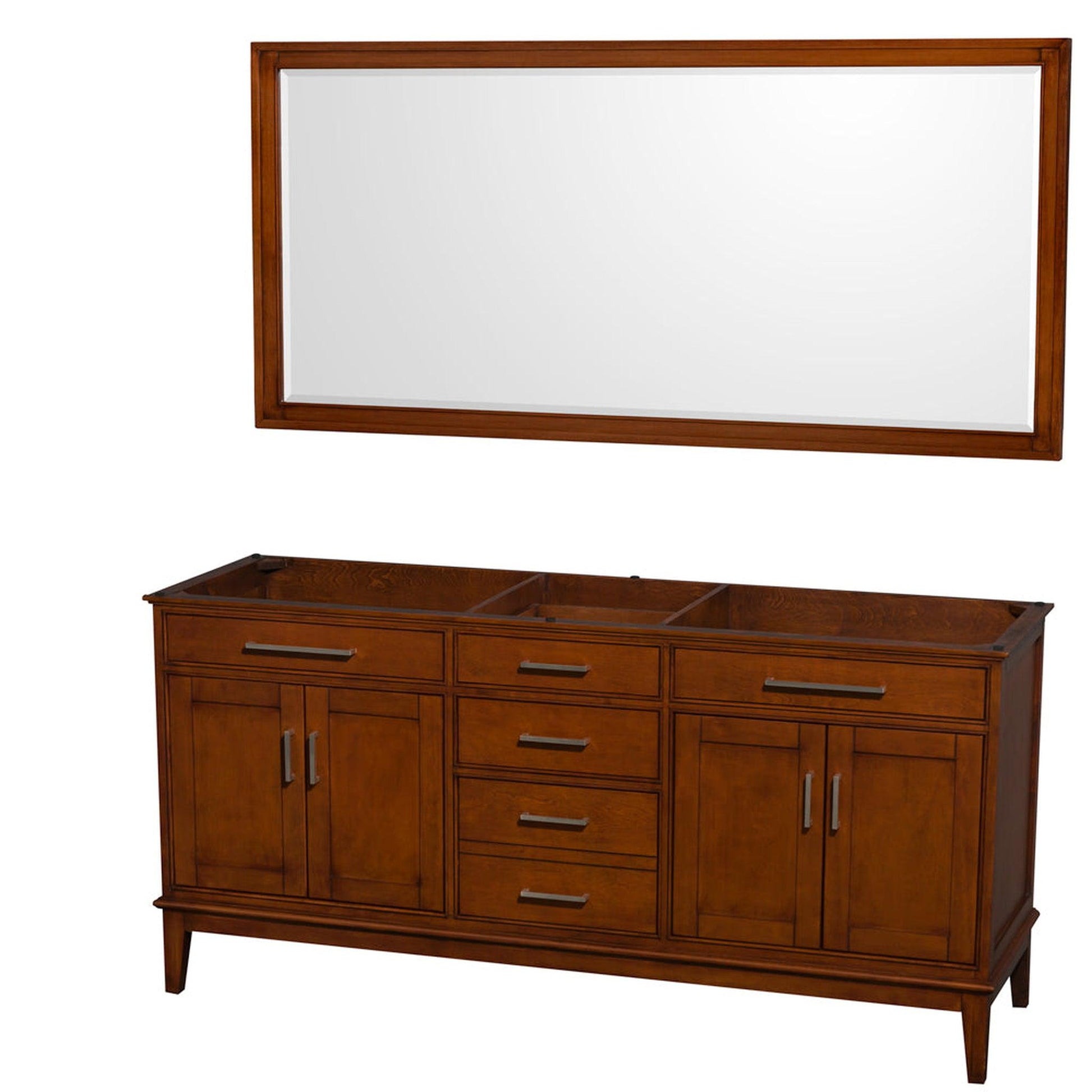 Wyndham Collection Hatton 72" Double Bathroom Vanity in Light Chestnut, No Countertop, No Sinks, and 70" Mirror