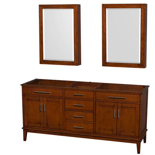 Wyndham Collection Hatton 72" Double Bathroom Vanity in Light Chestnut, No Countertop, No Sinks, and Medicine Cabinet