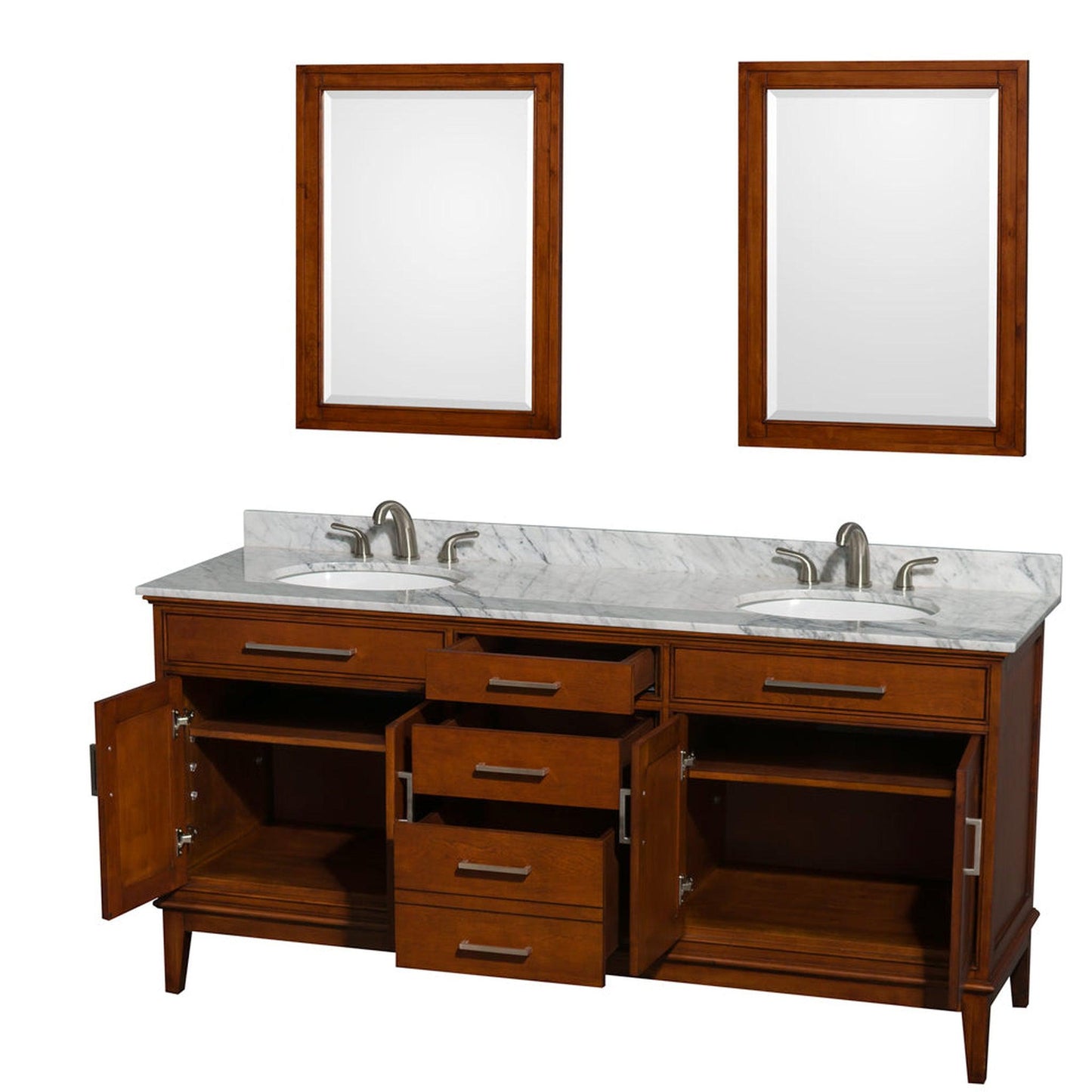 Wyndham Collection Hatton 72" Double Bathroom Vanity in Light Chestnut, White Carrara Marble Countertop, Undermount Oval Sinks, and 24" Mirror