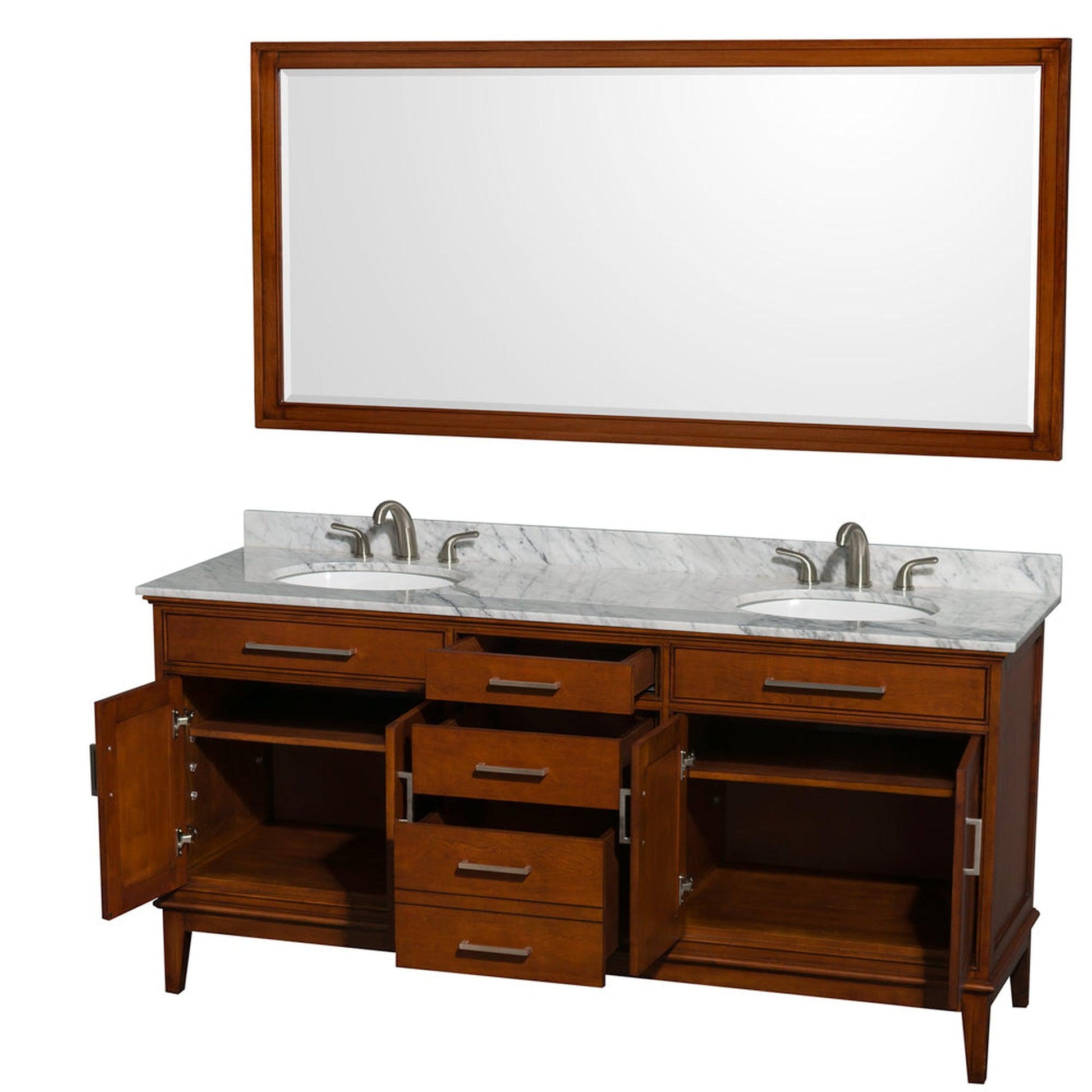 Wyndham Collection Hatton 72" Double Bathroom Vanity in Light Chestnut, White Carrara Marble Countertop, Undermount Oval Sinks, and 70" Mirror