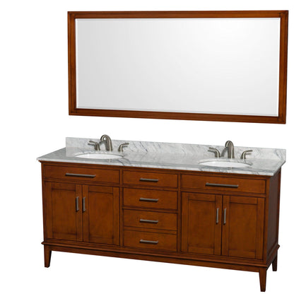 Wyndham Collection Hatton 72" Double Bathroom Vanity in Light Chestnut, White Carrara Marble Countertop, Undermount Oval Sinks, and 70" Mirror