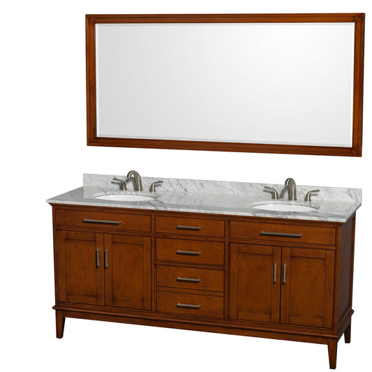 Wyndham Collection Hatton 72" Double Bathroom Vanity in Light Chestnut, White Carrara Marble Countertop, Undermount Oval Sinks, and 70" Mirror
