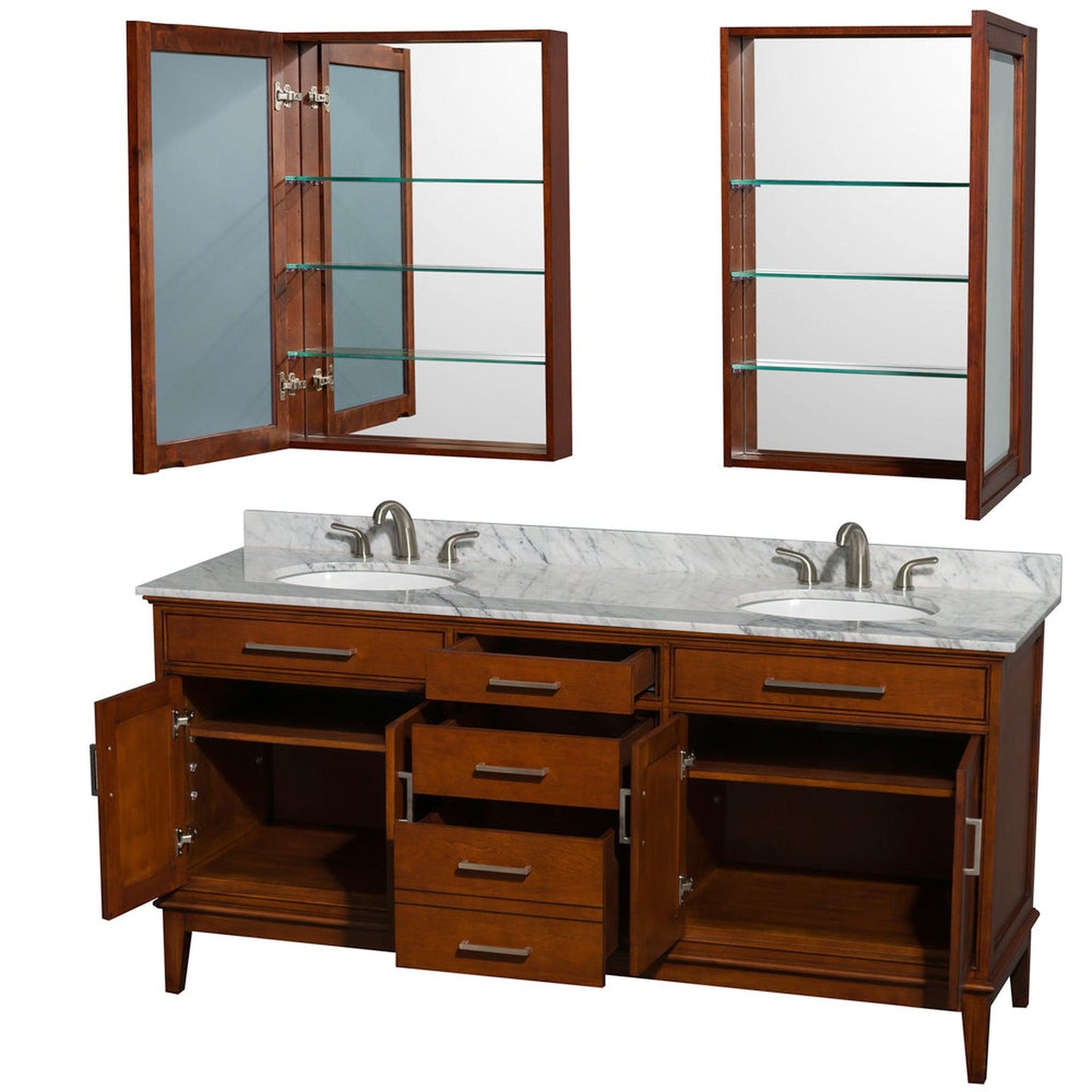 Wyndham Collection Hatton 72" Double Bathroom Vanity in Light Chestnut, White Carrara Marble Countertop, Undermount Oval Sinks, and Medicine Cabinet