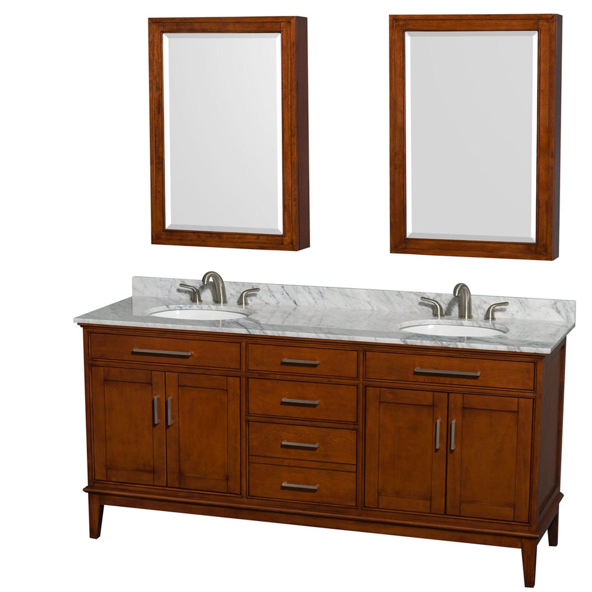 Wyndham Collection Hatton 72" Double Bathroom Vanity in Light Chestnut, White Carrara Marble Countertop, Undermount Oval Sinks, and Medicine Cabinet