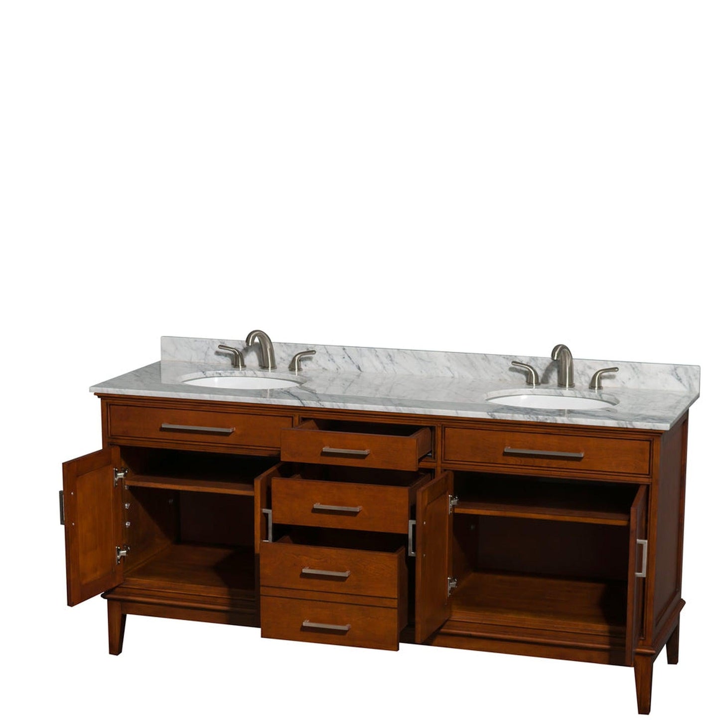 Wyndham Collection Hatton 72" Double Bathroom Vanity in Light Chestnut, White Carrara Marble Countertop, Undermount Oval Sinks, and No Mirror