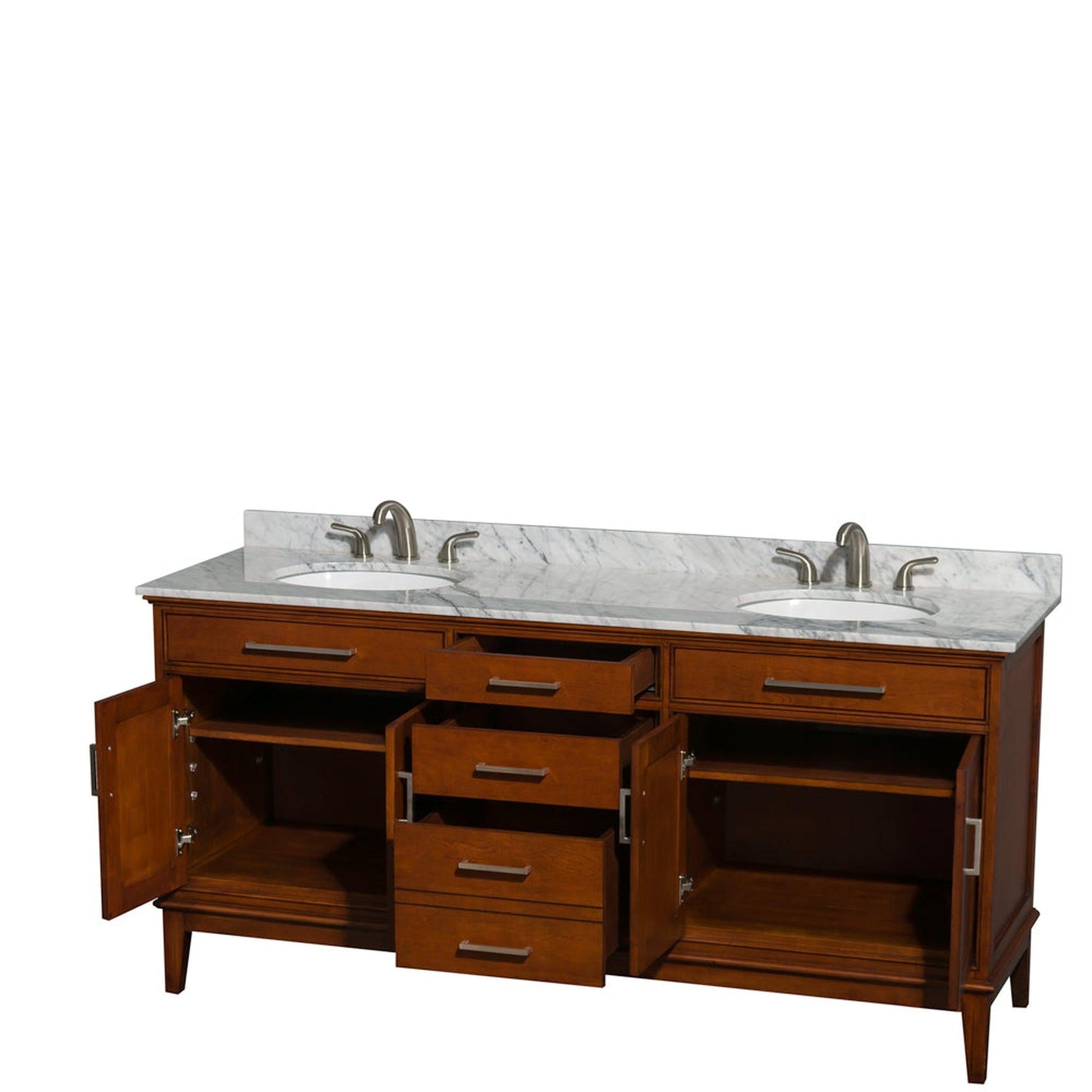Wyndham Collection Hatton 72" Double Bathroom Vanity in Light Chestnut, White Carrara Marble Countertop, Undermount Oval Sinks, and No Mirror