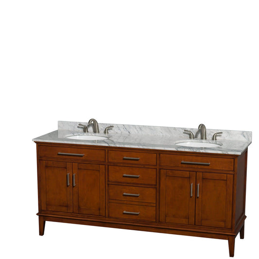 Wyndham Collection Hatton 72" Double Bathroom Vanity in Light Chestnut, White Carrara Marble Countertop, Undermount Oval Sinks, and No Mirror