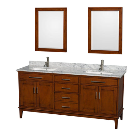 Wyndham Collection Hatton 72" Double Bathroom Vanity in Light Chestnut, White Carrara Marble Countertop, Undermount Square Sinks, and 24" Mirror
