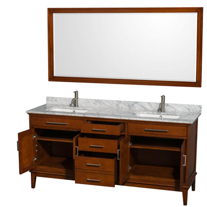 Wyndham Collection Hatton 72" Double Bathroom Vanity in Light Chestnut, White Carrara Marble Countertop, Undermount Square Sinks, and 70" Mirror