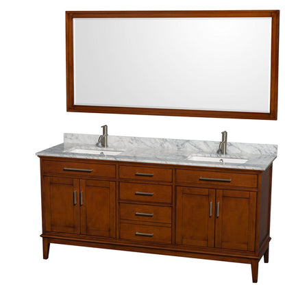 Wyndham Collection Hatton 72" Double Bathroom Vanity in Light Chestnut, White Carrara Marble Countertop, Undermount Square Sinks, and 70" Mirror