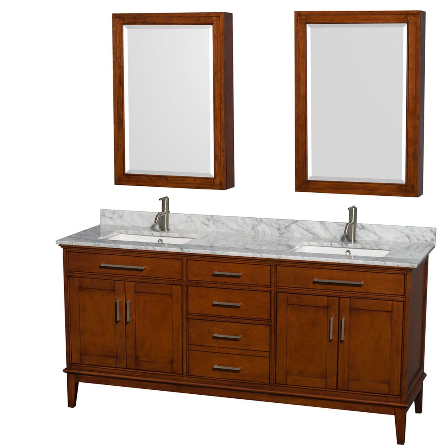 Wyndham Collection Hatton 72" Double Bathroom Vanity in Light Chestnut, White Carrara Marble Countertop, Undermount Square Sinks, and Medicine Cabinet