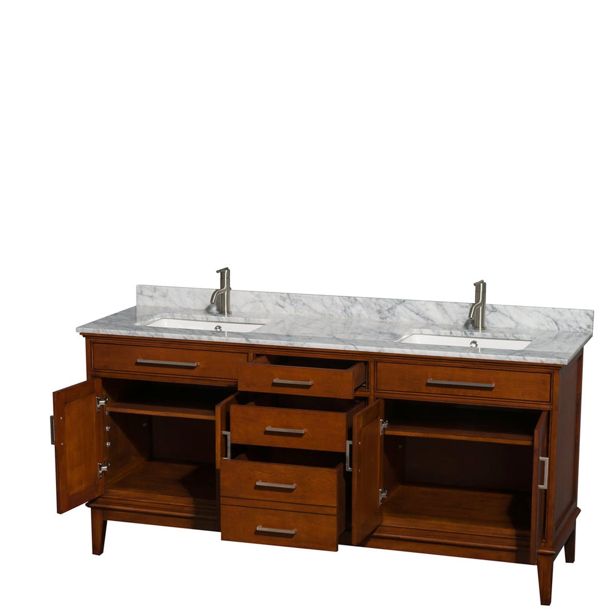 Wyndham Collection Hatton 72" Double Bathroom Vanity in Light Chestnut, White Carrara Marble Countertop, Undermount Square Sinks, and No Mirror