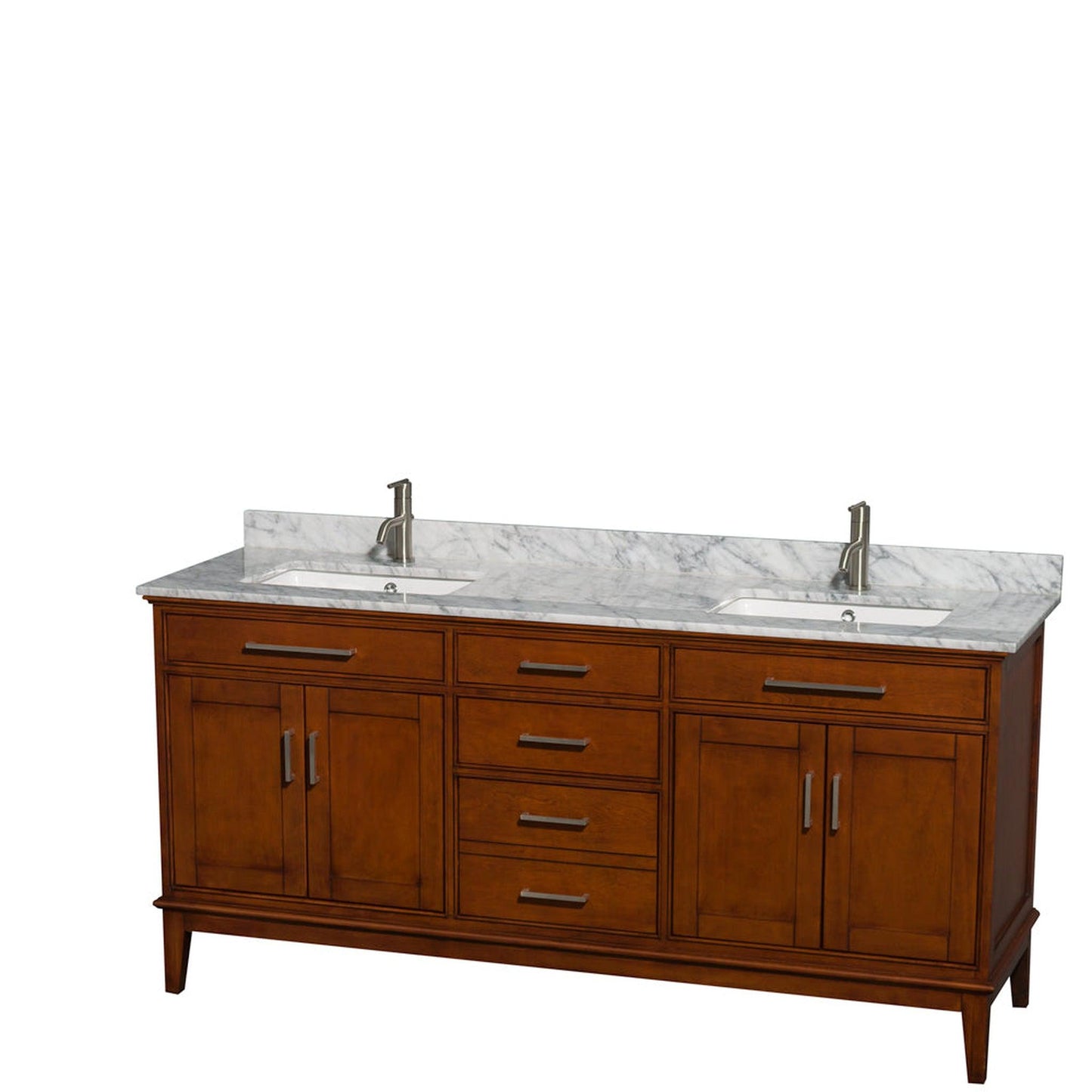 Wyndham Collection Hatton 72" Double Bathroom Vanity in Light Chestnut, White Carrara Marble Countertop, Undermount Square Sinks, and No Mirror