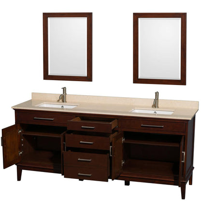 Wyndham Collection Hatton 80" Double Bathroom Vanity in Dark Chestnut, Ivory Marble Countertop, Undermount Square Sinks, and 24" Mirror