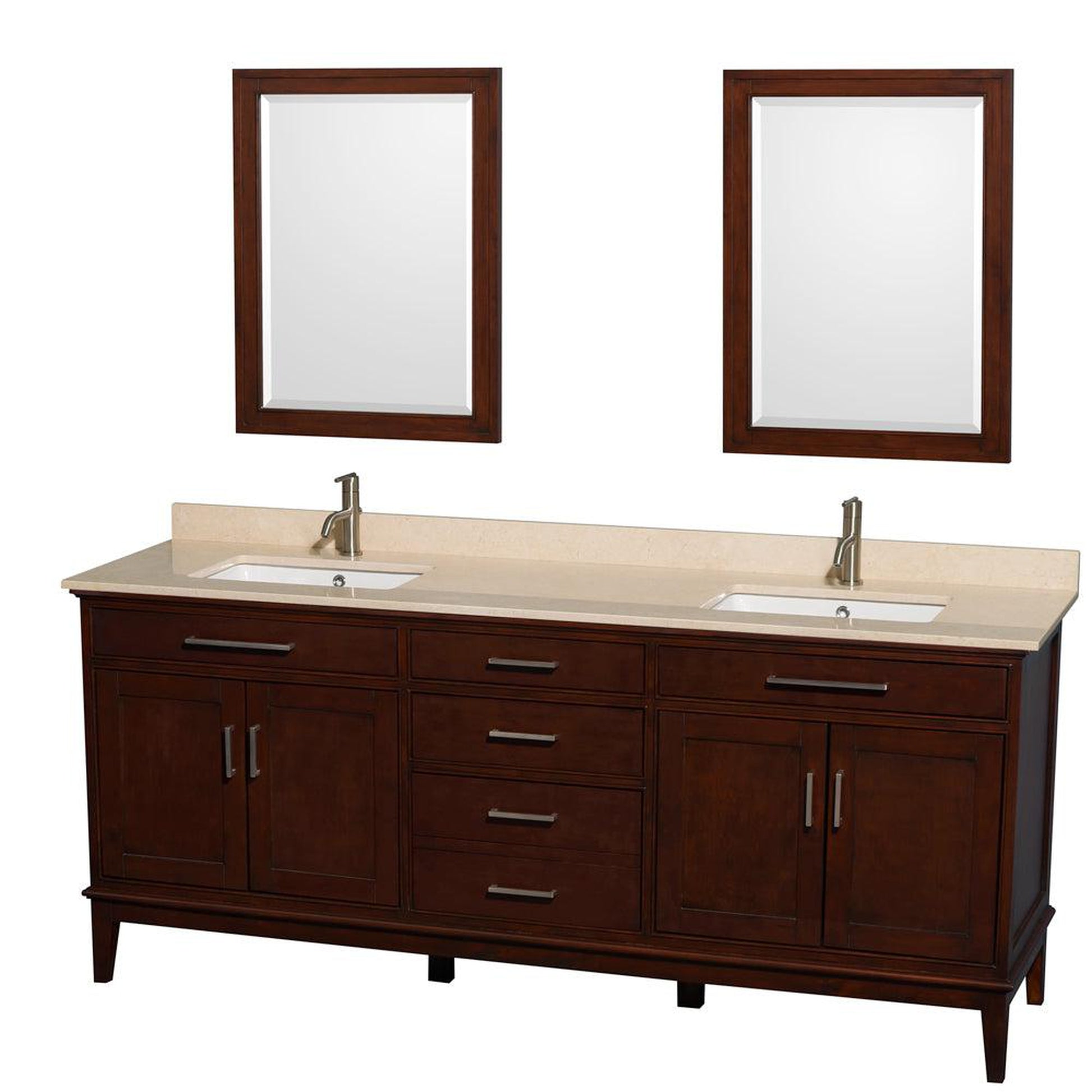 Wyndham Collection Hatton 80" Double Bathroom Vanity in Dark Chestnut, Ivory Marble Countertop, Undermount Square Sinks, and 24" Mirror