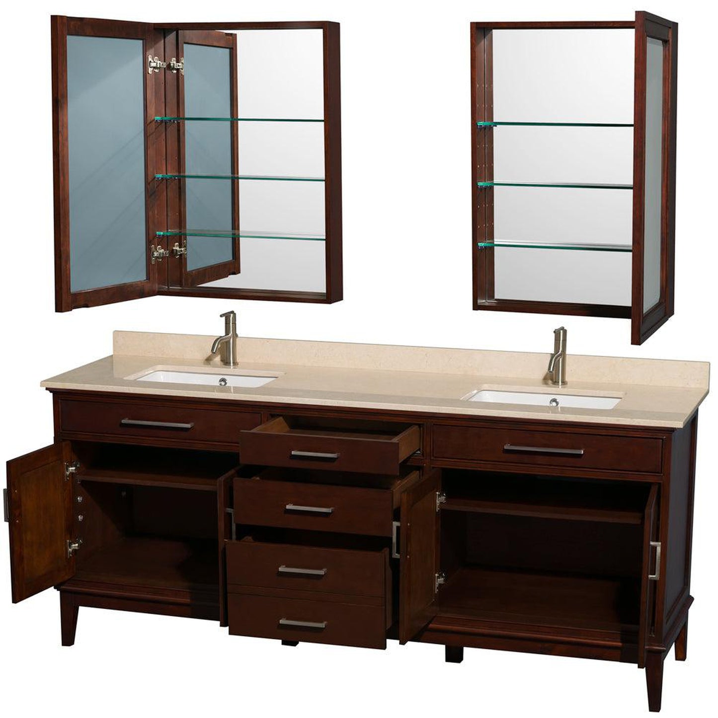 Wyndham Collection Hatton 80" Double Bathroom Vanity in Dark Chestnut, Ivory Marble Countertop, Undermount Square Sinks, and Medicine Cabinet
