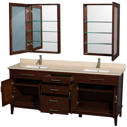 Wyndham Collection Hatton 80" Double Bathroom Vanity in Dark Chestnut, Ivory Marble Countertop, Undermount Square Sinks, and Medicine Cabinet
