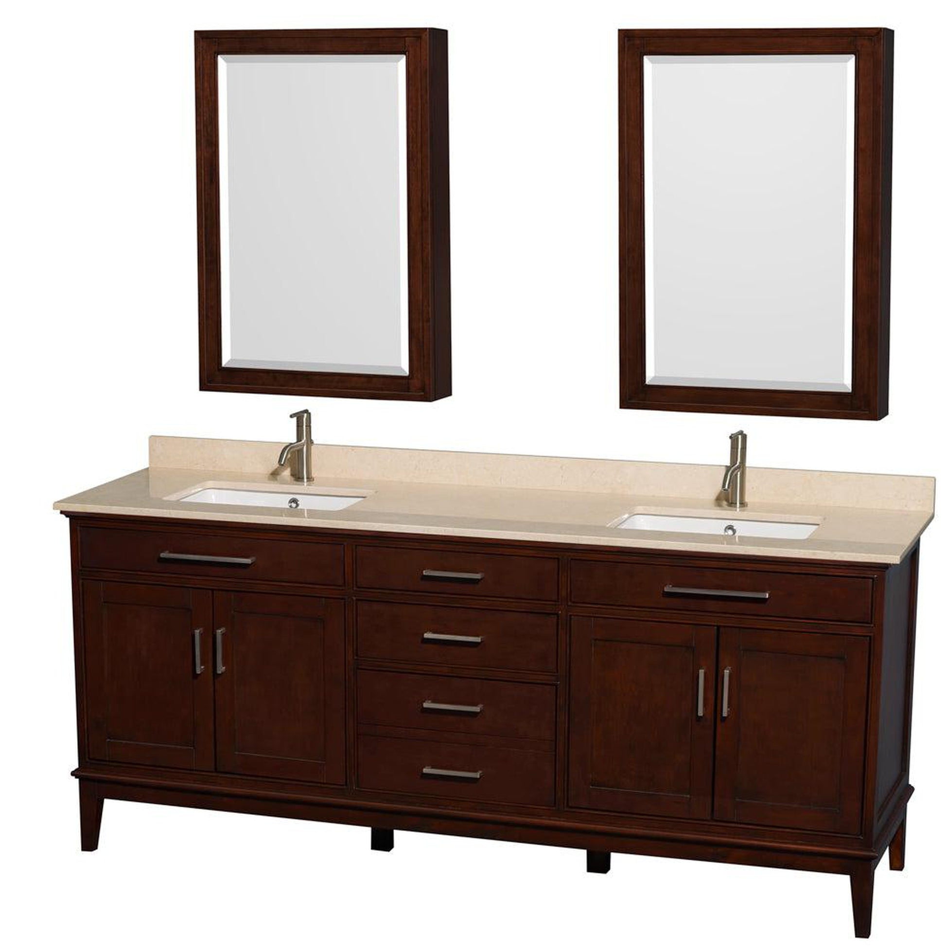 Wyndham Collection Hatton 80" Double Bathroom Vanity in Dark Chestnut, Ivory Marble Countertop, Undermount Square Sinks, and Medicine Cabinet