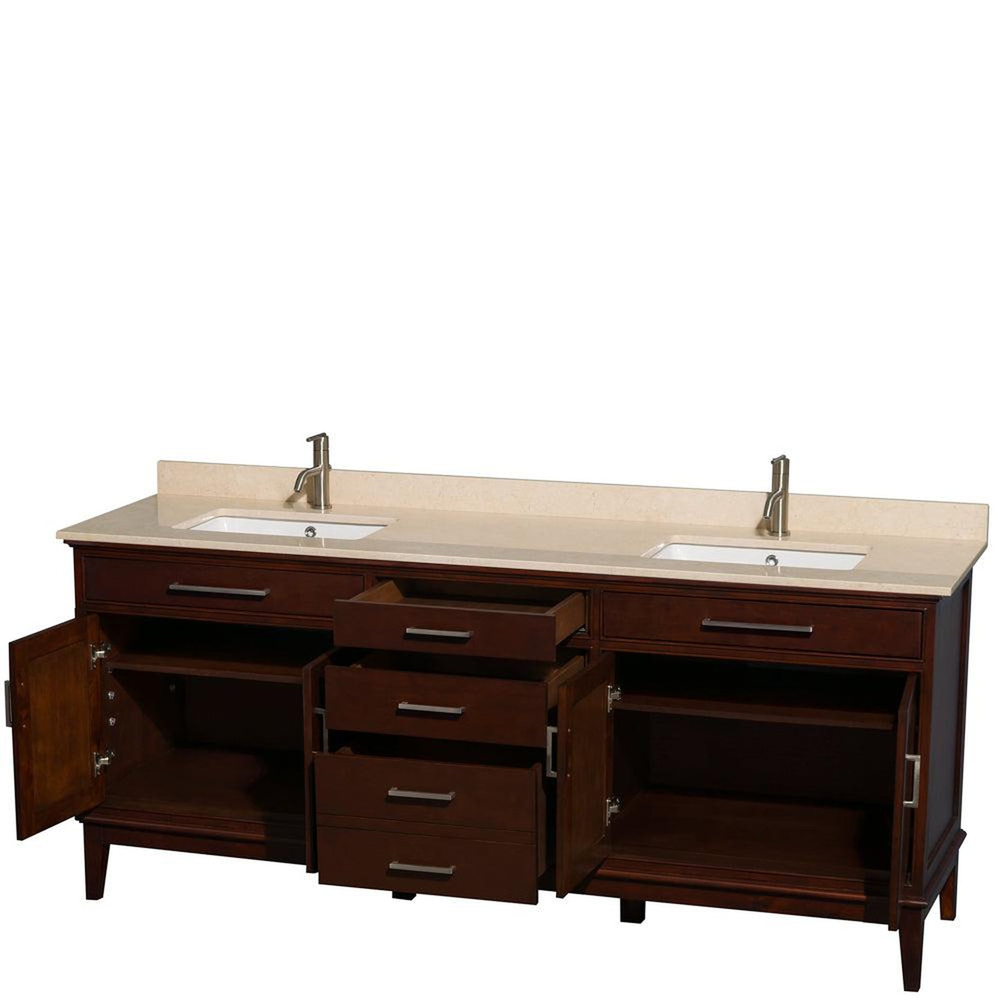 Wyndham Collection Hatton 80" Double Bathroom Vanity in Dark Chestnut, Ivory Marble Countertop, Undermount Square Sinks, and No Mirror