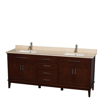 Wyndham Collection Hatton 80" Double Bathroom Vanity in Dark Chestnut, Ivory Marble Countertop, Undermount Square Sinks, and No Mirror
