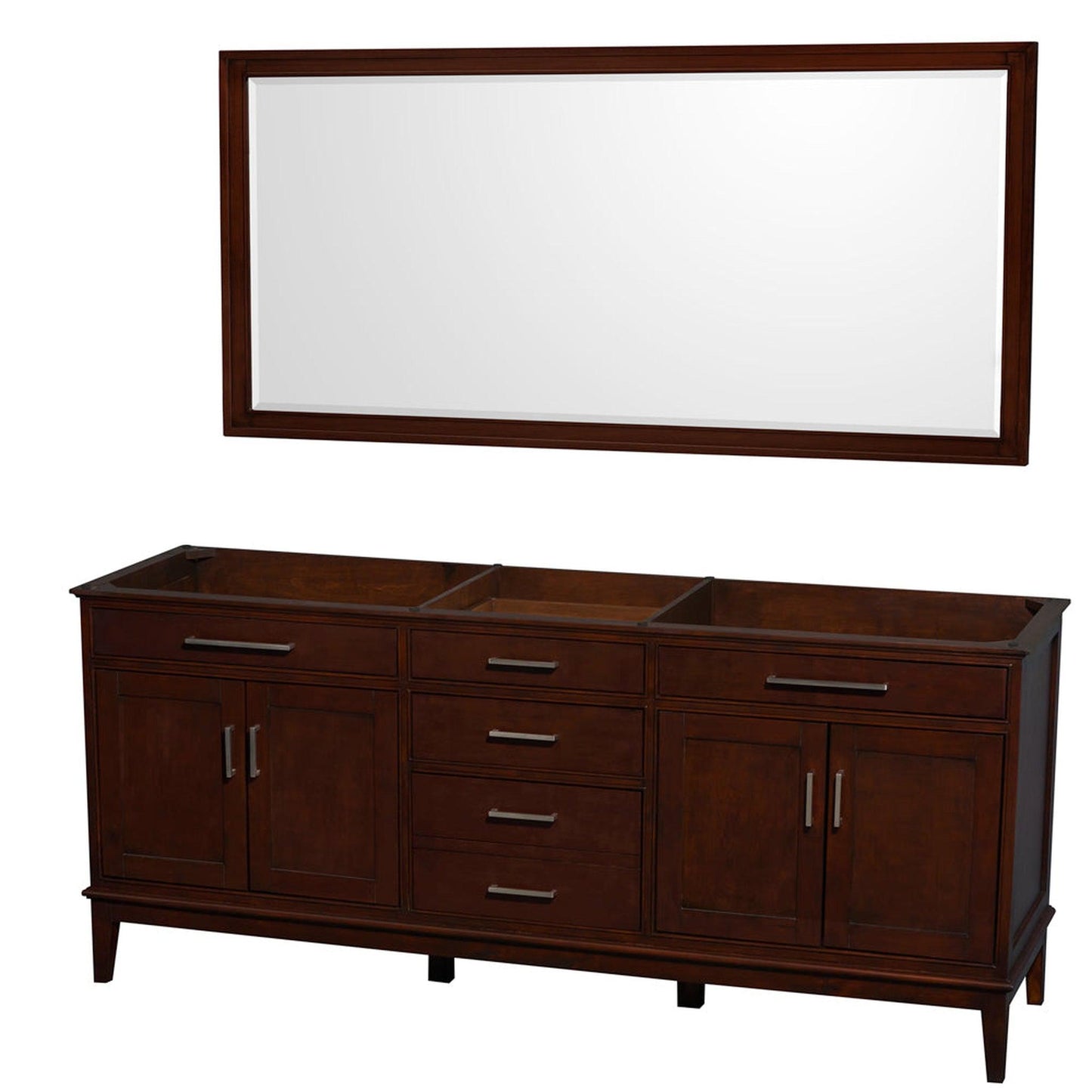 Wyndham Collection Hatton 80" Double Bathroom Vanity in Dark Chestnut, No Countertop, No Sinks, and 70" Mirror