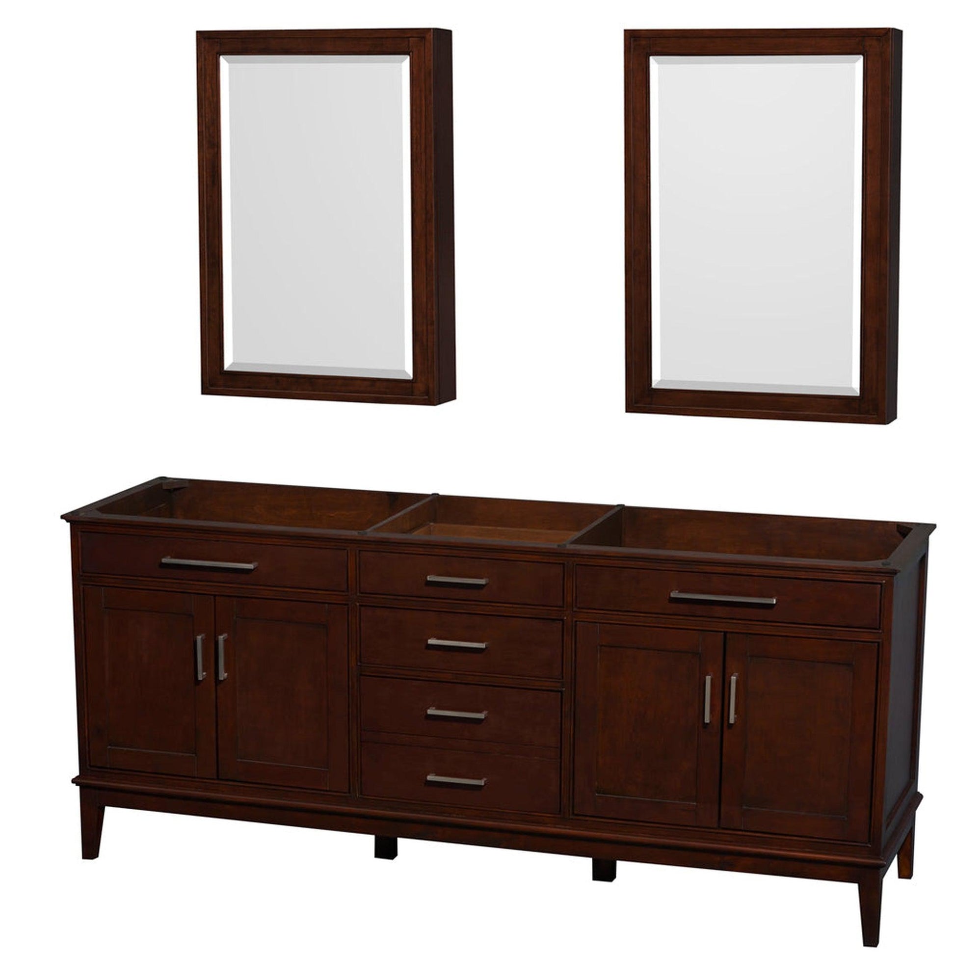 Wyndham Collection Hatton 80" Double Bathroom Vanity in Dark Chestnut, No Countertop, No Sinks, and Medicine Cabinet