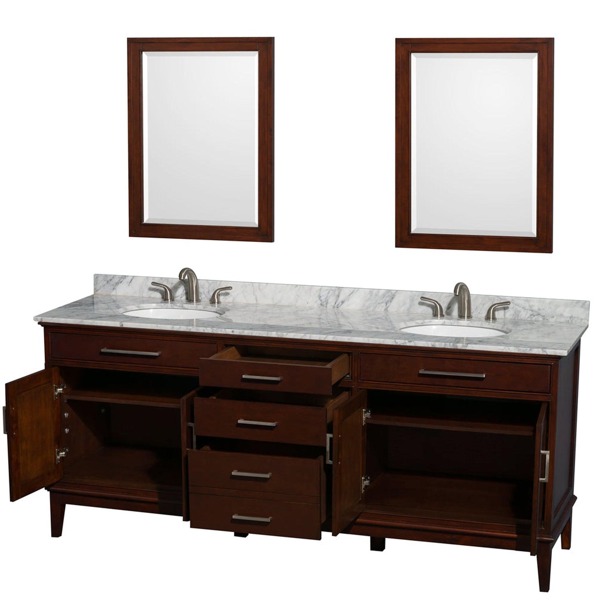Wyndham Collection Hatton 80" Double Bathroom Vanity in Dark Chestnut, White Carrara Marble Countertop, Undermount Oval Sinks, and 24" Mirror