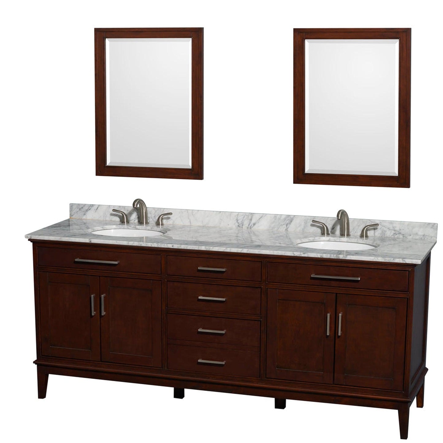 Wyndham Collection Hatton 80" Double Bathroom Vanity in Dark Chestnut, White Carrara Marble Countertop, Undermount Oval Sinks, and 24" Mirror