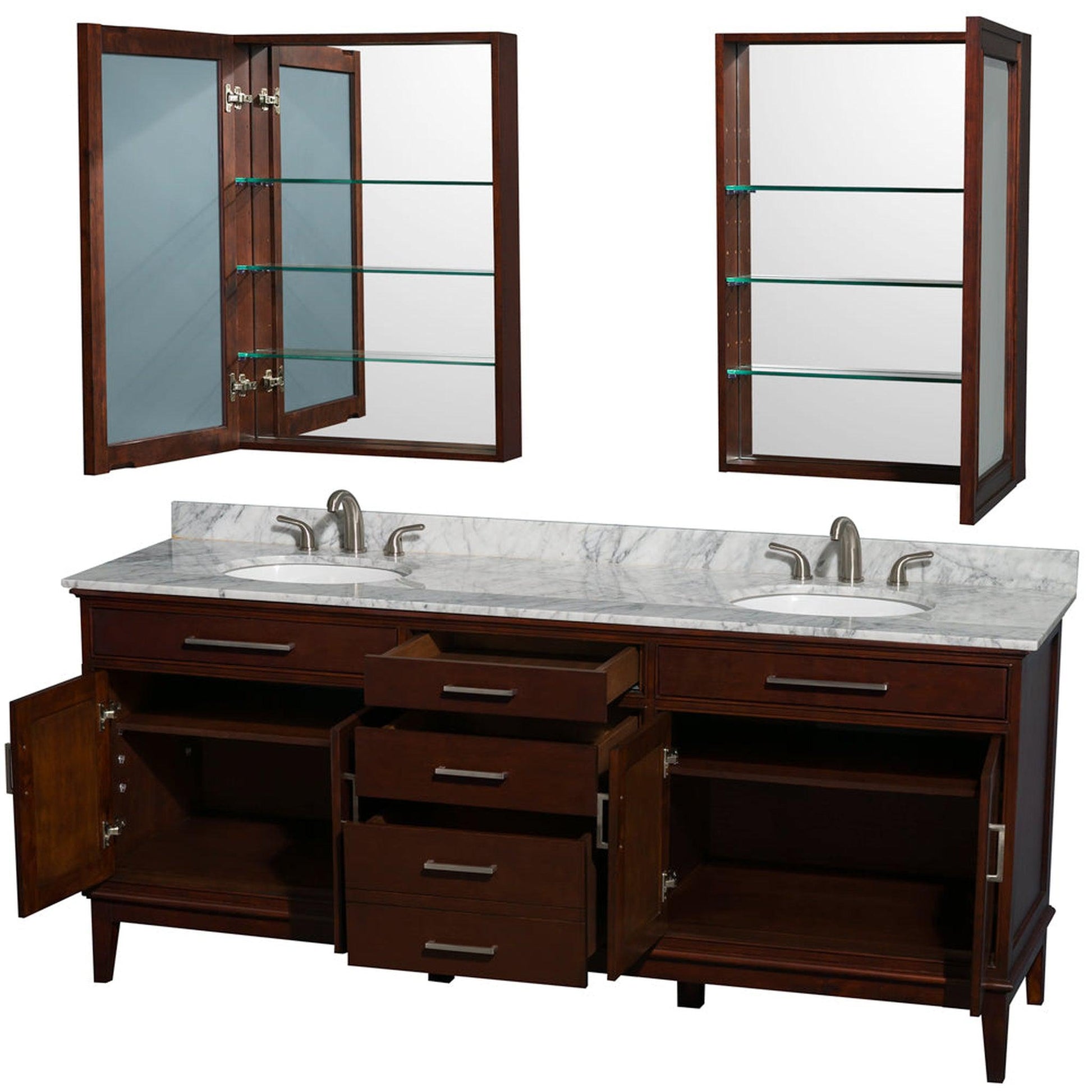 Wyndham Collection Hatton 80" Double Bathroom Vanity in Dark Chestnut, White Carrara Marble Countertop, Undermount Oval Sinks, and Medicine Cabinet