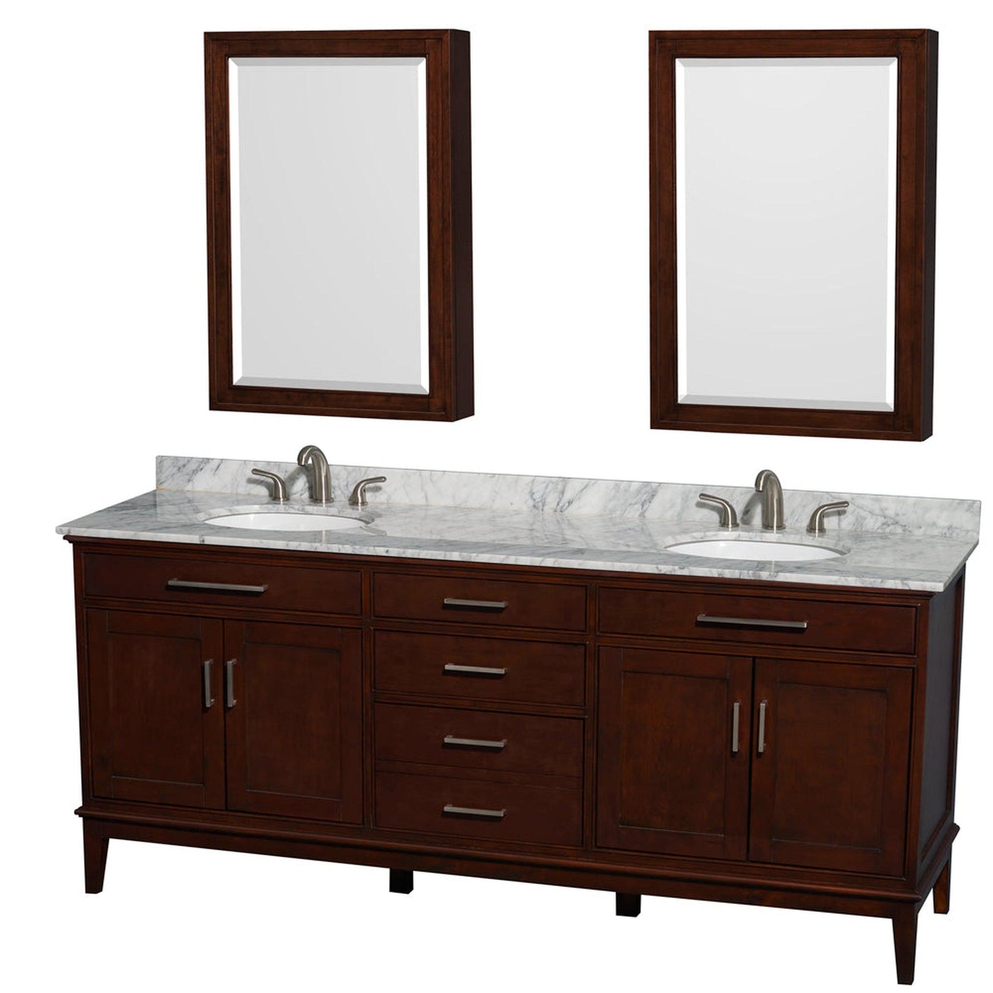Wyndham Collection Hatton 80" Double Bathroom Vanity in Dark Chestnut, White Carrara Marble Countertop, Undermount Oval Sinks, and Medicine Cabinet