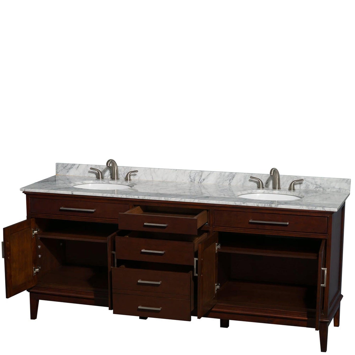 Wyndham Collection Hatton 80" Double Bathroom Vanity in Dark Chestnut, White Carrara Marble Countertop, Undermount Oval Sinks, and No Mirror