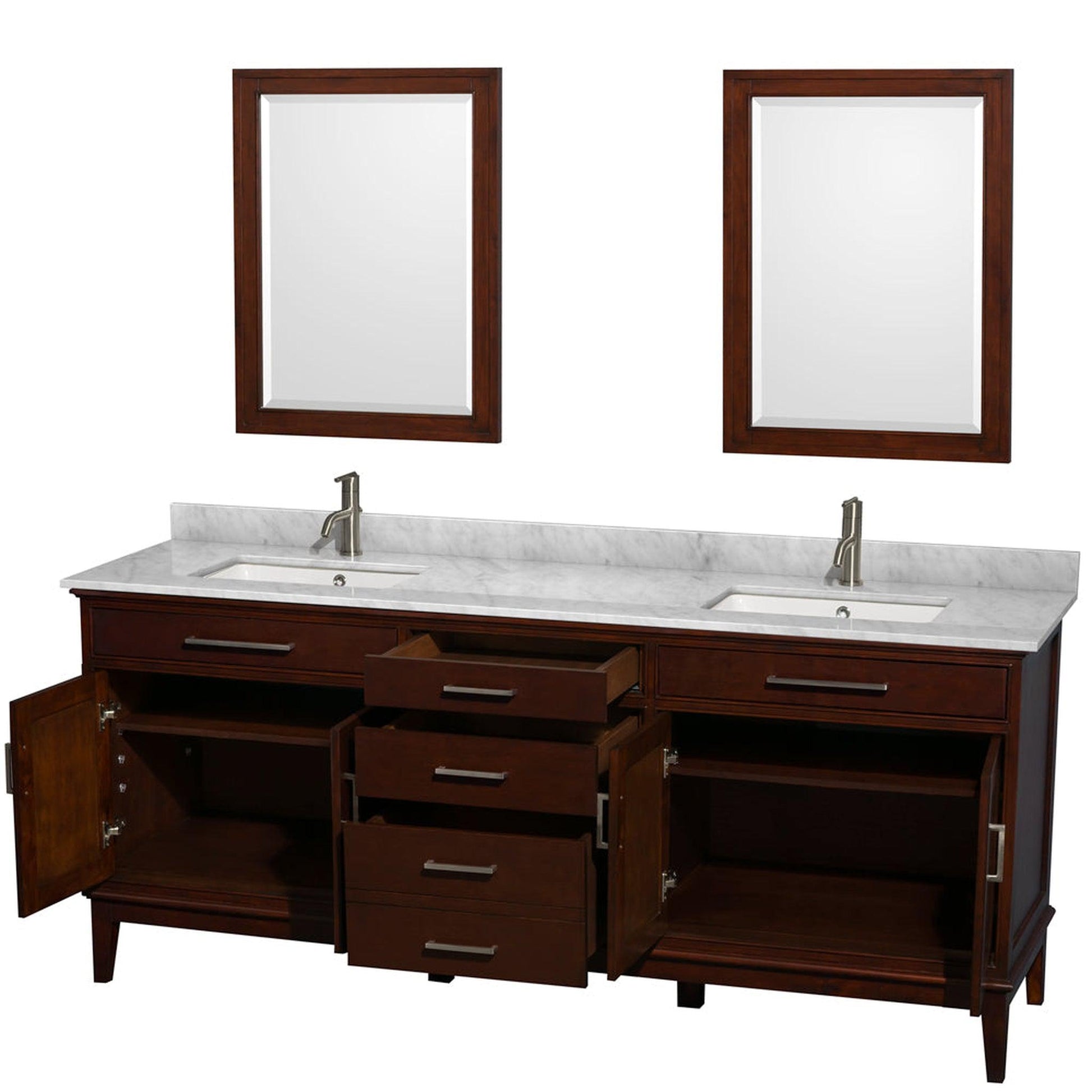 Wyndham Collection Hatton 80" Double Bathroom Vanity in Dark Chestnut, White Carrara Marble Countertop, Undermount Square Sinks, and 24" Mirror