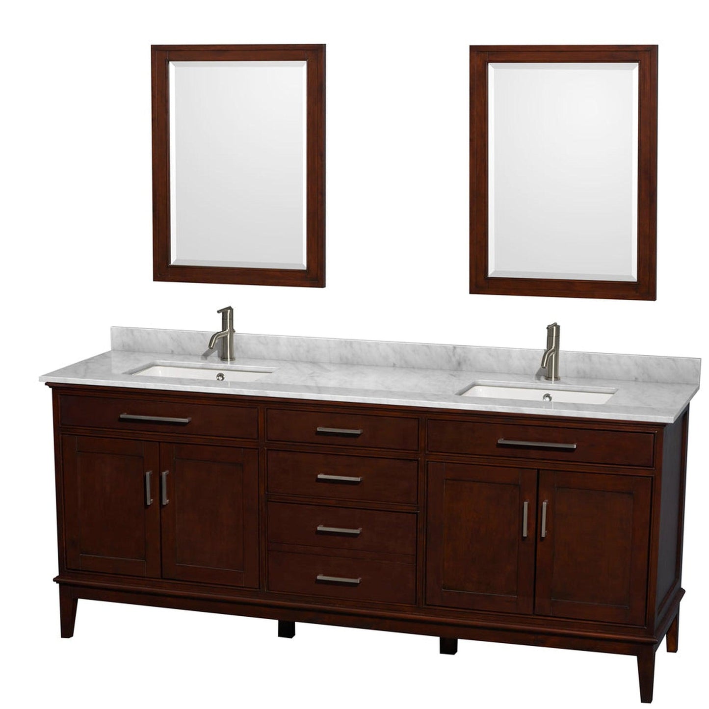 Wyndham Collection Hatton 80" Double Bathroom Vanity in Dark Chestnut, White Carrara Marble Countertop, Undermount Square Sinks, and 24" Mirror