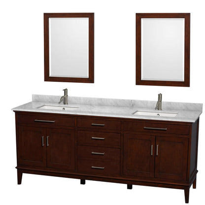 Wyndham Collection Hatton 80" Double Bathroom Vanity in Dark Chestnut, White Carrara Marble Countertop, Undermount Square Sinks, and 24" Mirror