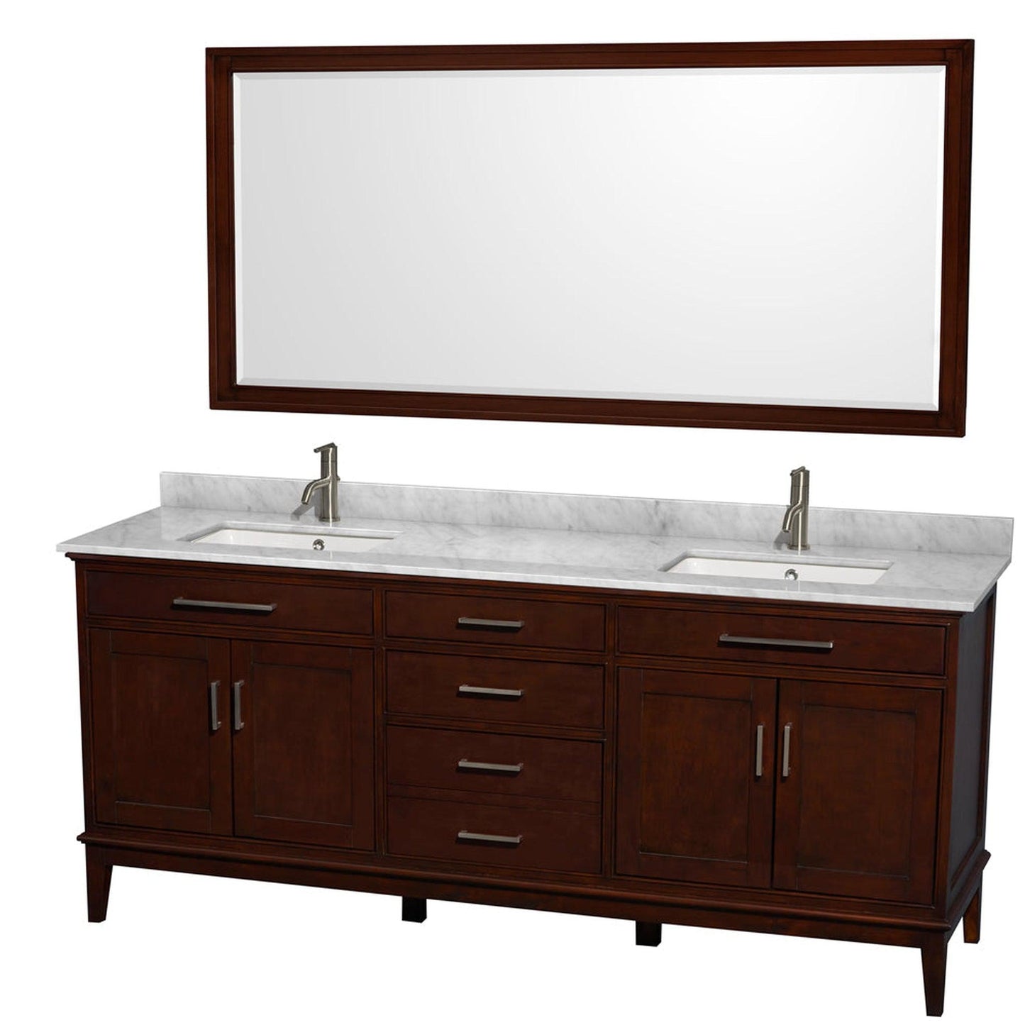 Wyndham Collection Hatton 80" Double Bathroom Vanity in Dark Chestnut, White Carrara Marble Countertop, Undermount Square Sinks, and 70" Mirror