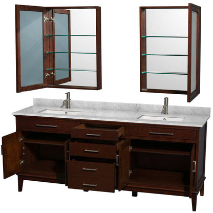 Wyndham Collection Hatton 80" Double Bathroom Vanity in Dark Chestnut, White Carrara Marble Countertop, Undermount Square Sinks, and Medicine Cabinet