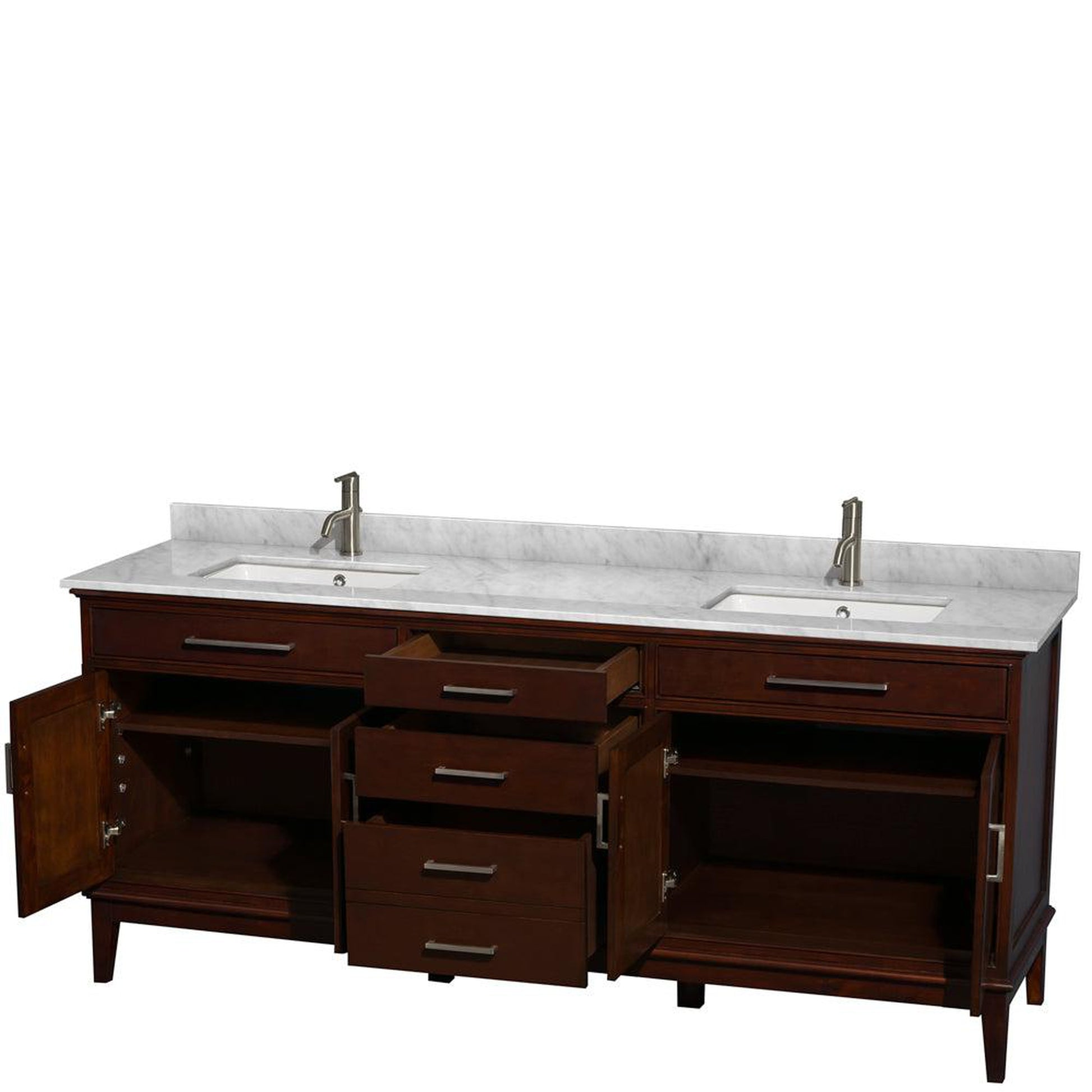 Wyndham Collection Hatton 80" Double Bathroom Vanity in Dark Chestnut, White Carrara Marble Countertop, Undermount Square Sinks, and No Mirror