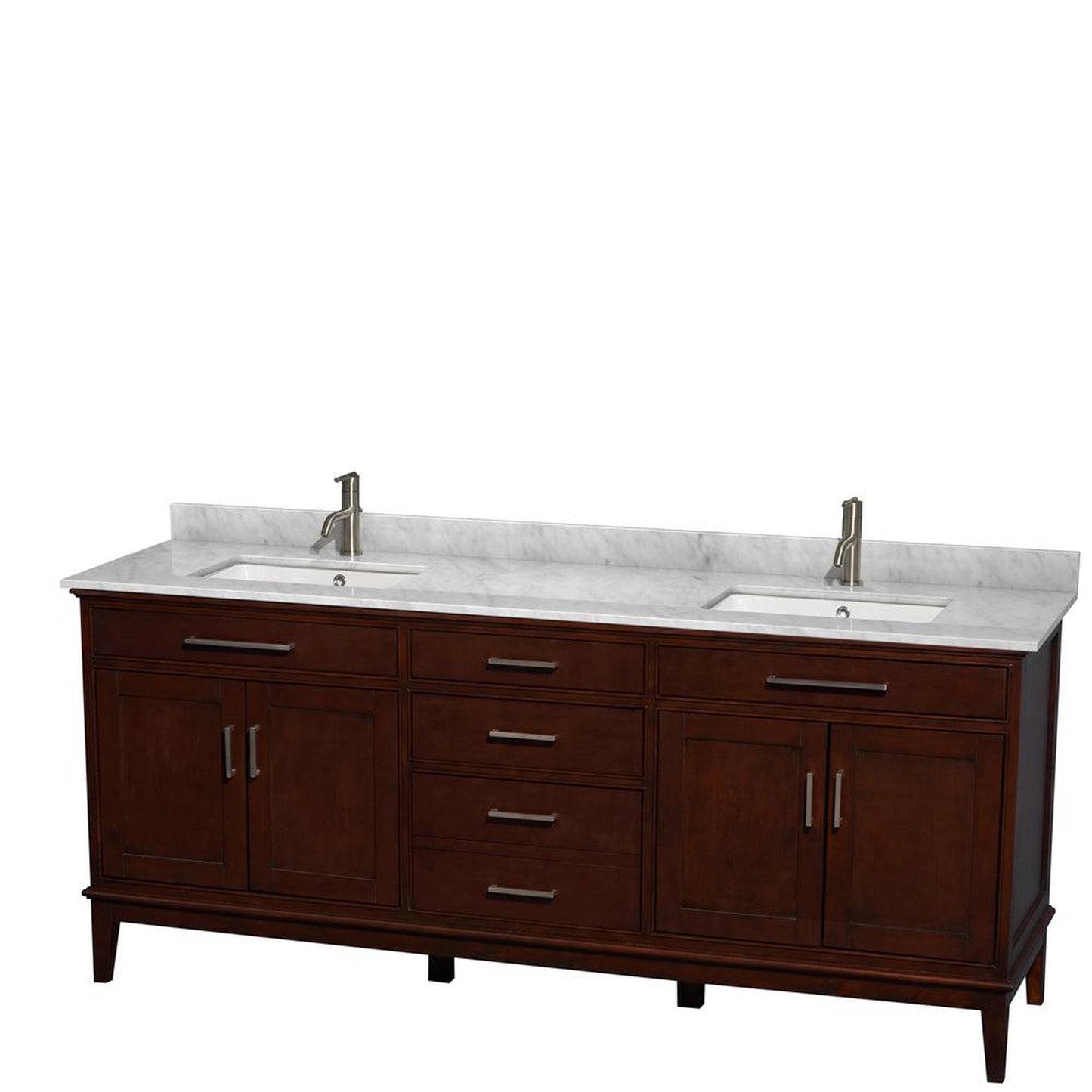 Wyndham Collection Hatton 80" Double Bathroom Vanity in Dark Chestnut, White Carrara Marble Countertop, Undermount Square Sinks, and No Mirror