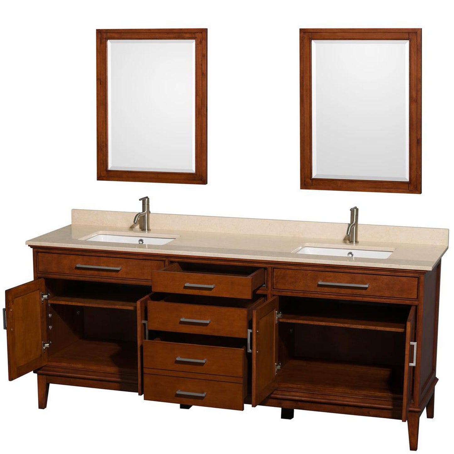 Wyndham Collection Hatton 80" Double Bathroom Vanity in Light Chestnut, Ivory Marble Countertop, Undermount Square Sinks, and 24" Mirror