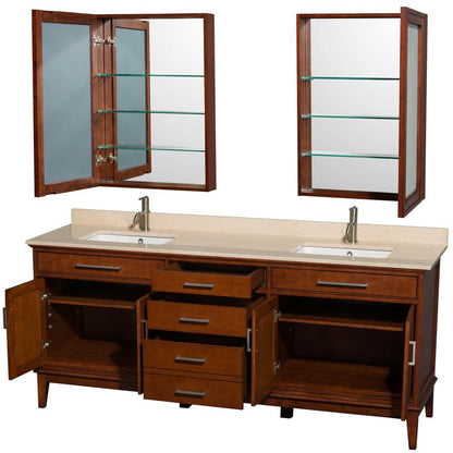Wyndham Collection Hatton 80" Double Bathroom Vanity in Light Chestnut, Ivory Marble Countertop, Undermount Square Sinks, and Medicine Cabinet