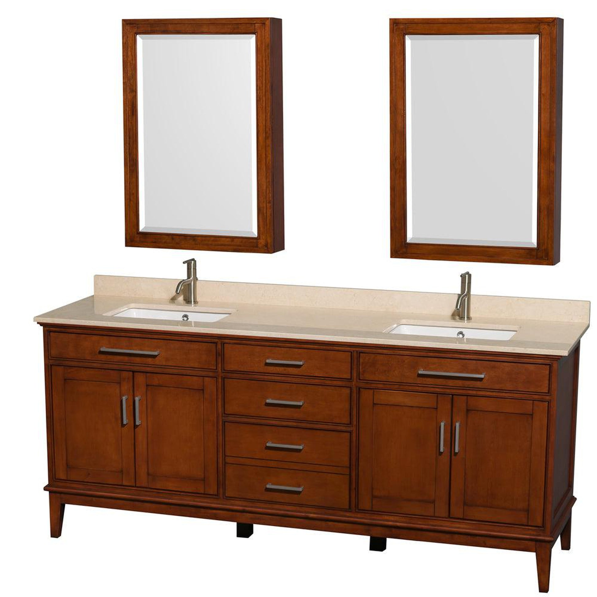 Wyndham Collection Hatton 80" Double Bathroom Vanity in Light Chestnut, Ivory Marble Countertop, Undermount Square Sinks, and Medicine Cabinet