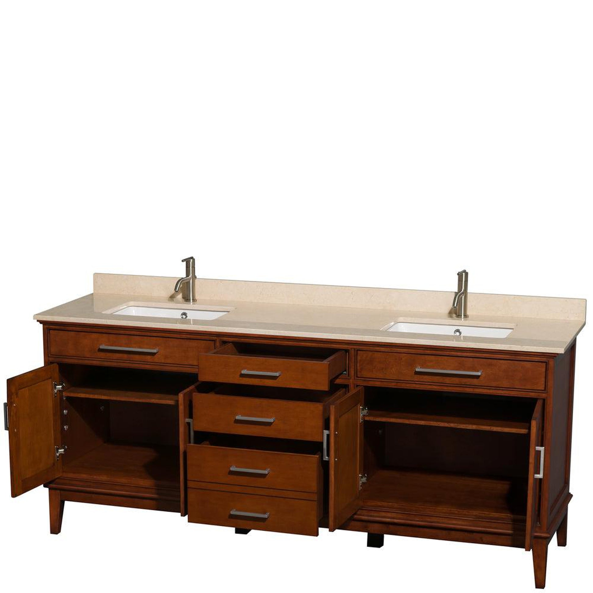 Wyndham Collection Hatton 80" Double Bathroom Vanity in Light Chestnut, Ivory Marble Countertop, Undermount Square Sinks, and No Mirror