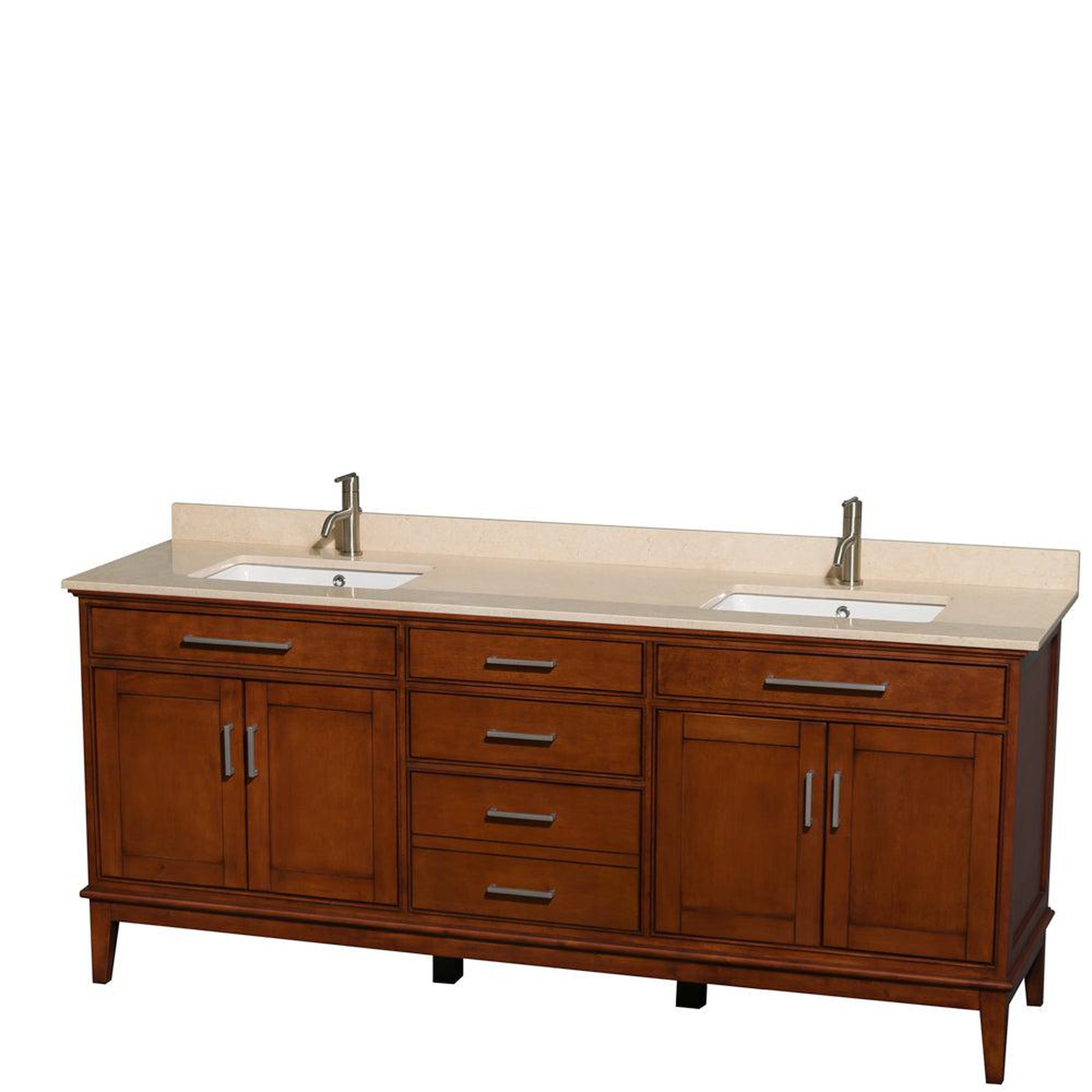 Wyndham Collection Hatton 80" Double Bathroom Vanity in Light Chestnut, Ivory Marble Countertop, Undermount Square Sinks, and No Mirror